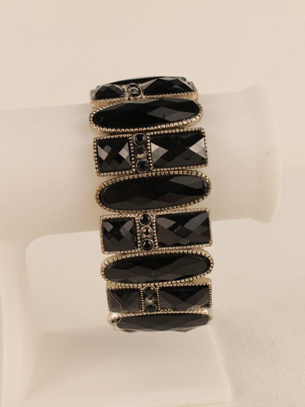 Vintage Style Black Faceted Crystal Rhinestone Statement Stretch Bracelet EUC